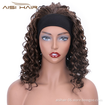 Aisi Hair Afro Curly High Temperature Fiber Synthetic Wigs with Headband Mixed Brown Color Short Curly Wigs for Black Women